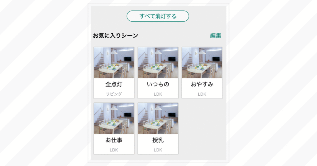 リンクプラスのアプリでお気に入りシーンを登録してシーン切り替えをする画面