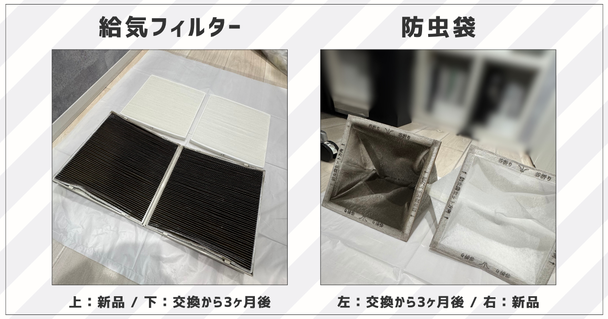 一条工務店デシカントの給気フィルターと防虫袋の汚れ